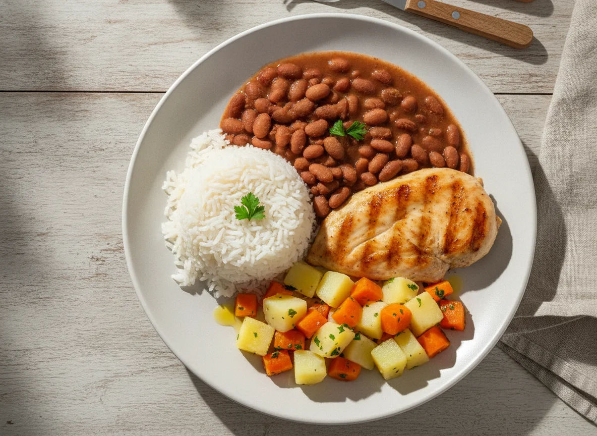 Prato Feito Brasileiro: Arroz, Feijão, Frango Grelhado e Salada de Legumes photo