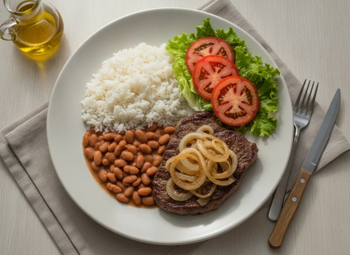 Prato Feito Brasileiro: Bife Acebolado, Arroz, Feijão e Salada photo