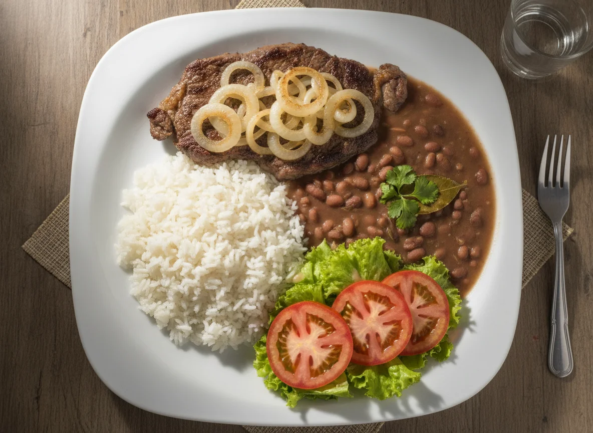 Prato Feito Brasileiro (Bife acebolado, arroz, feijão e salada) photo