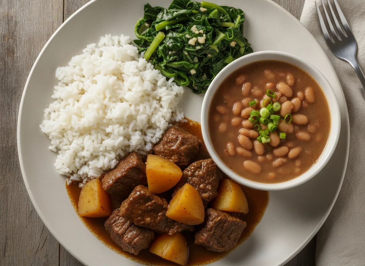 Prato Feito Brasileiro: Carne de Panela com Batata, Arroz, Feijão e Couve photo