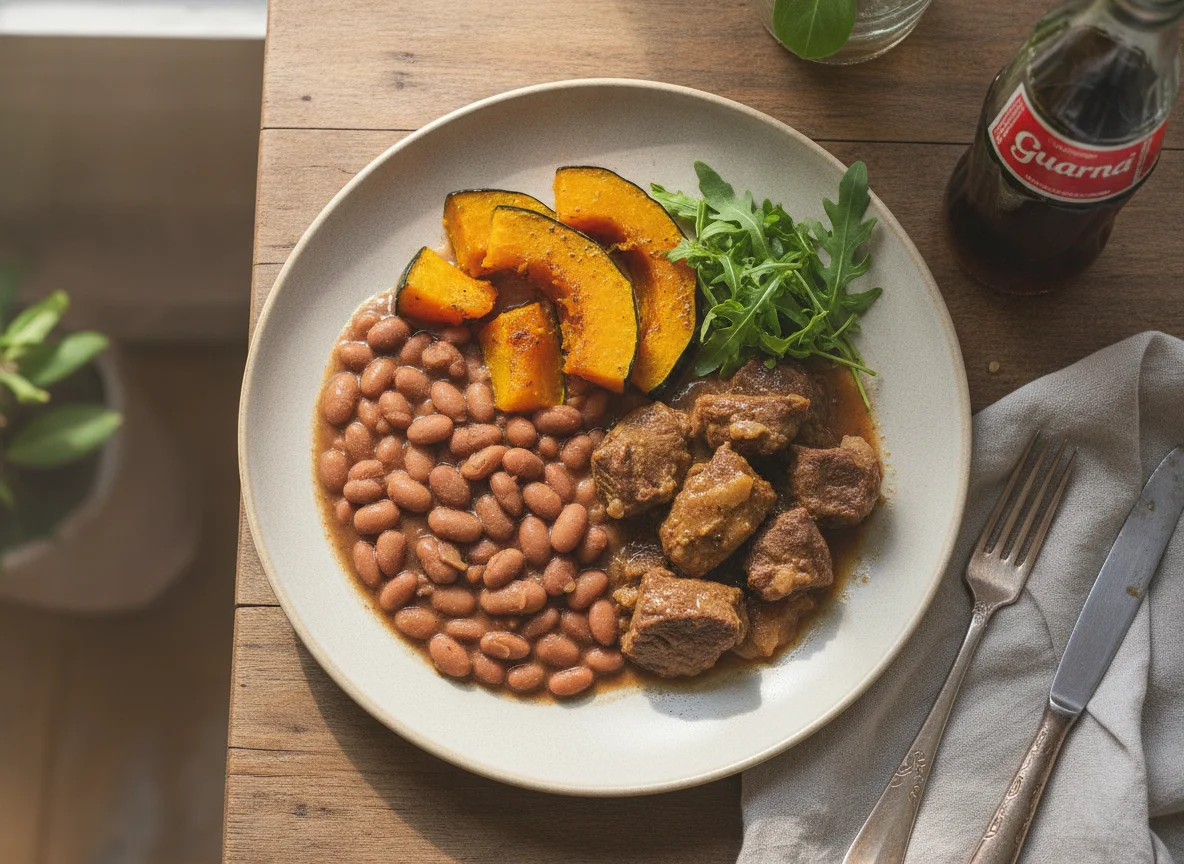 Prato feito brasileiro com abóbora, feijão e carne photo