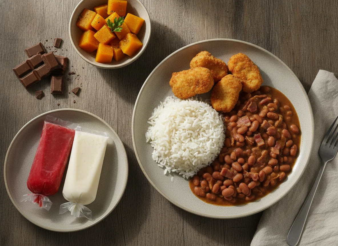 Prato feito brasileiro com acompanhamentos e sobremesa photo