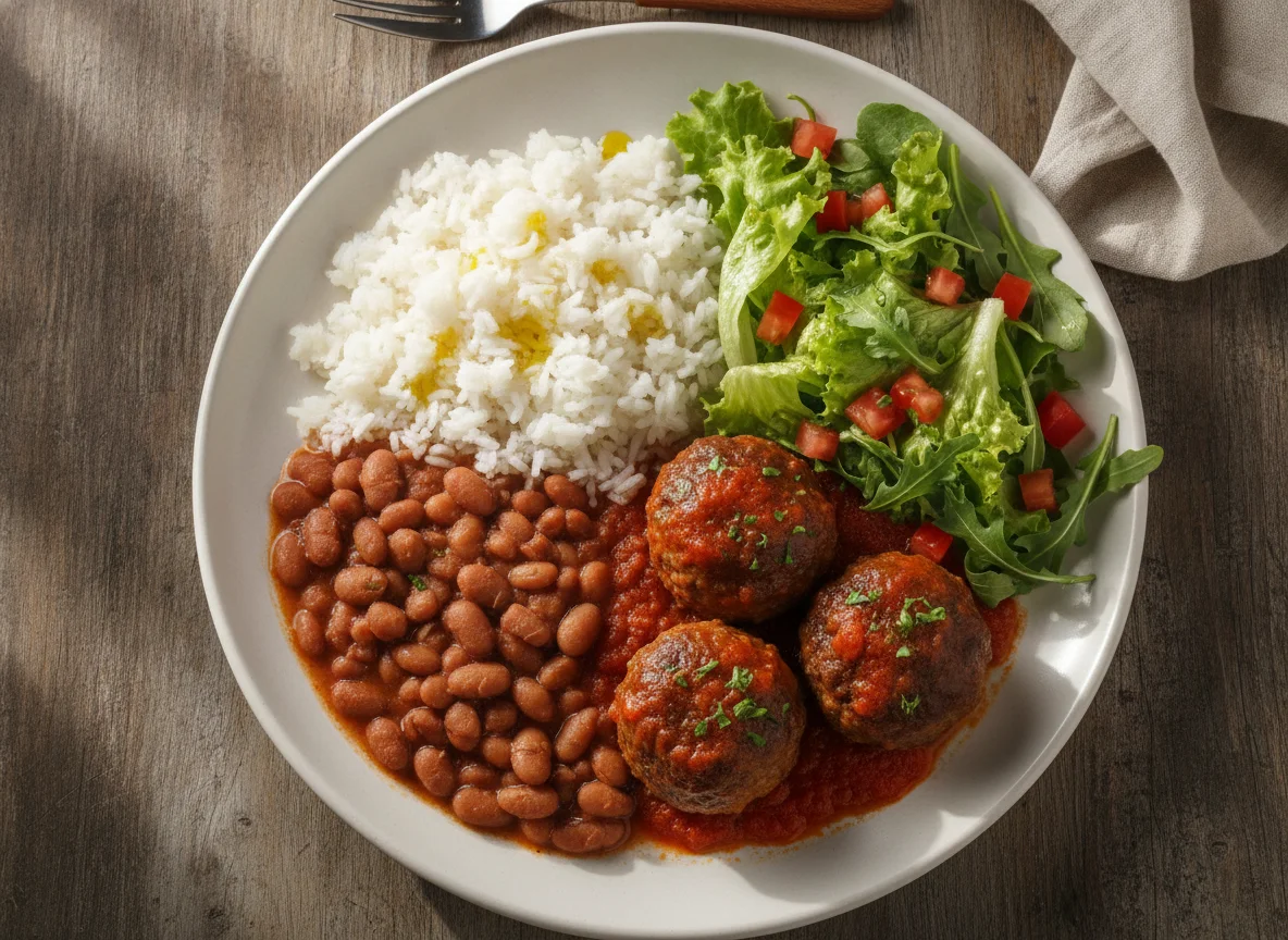 Prato feito brasileiro com almôndegas, arroz, feijão e salada photo