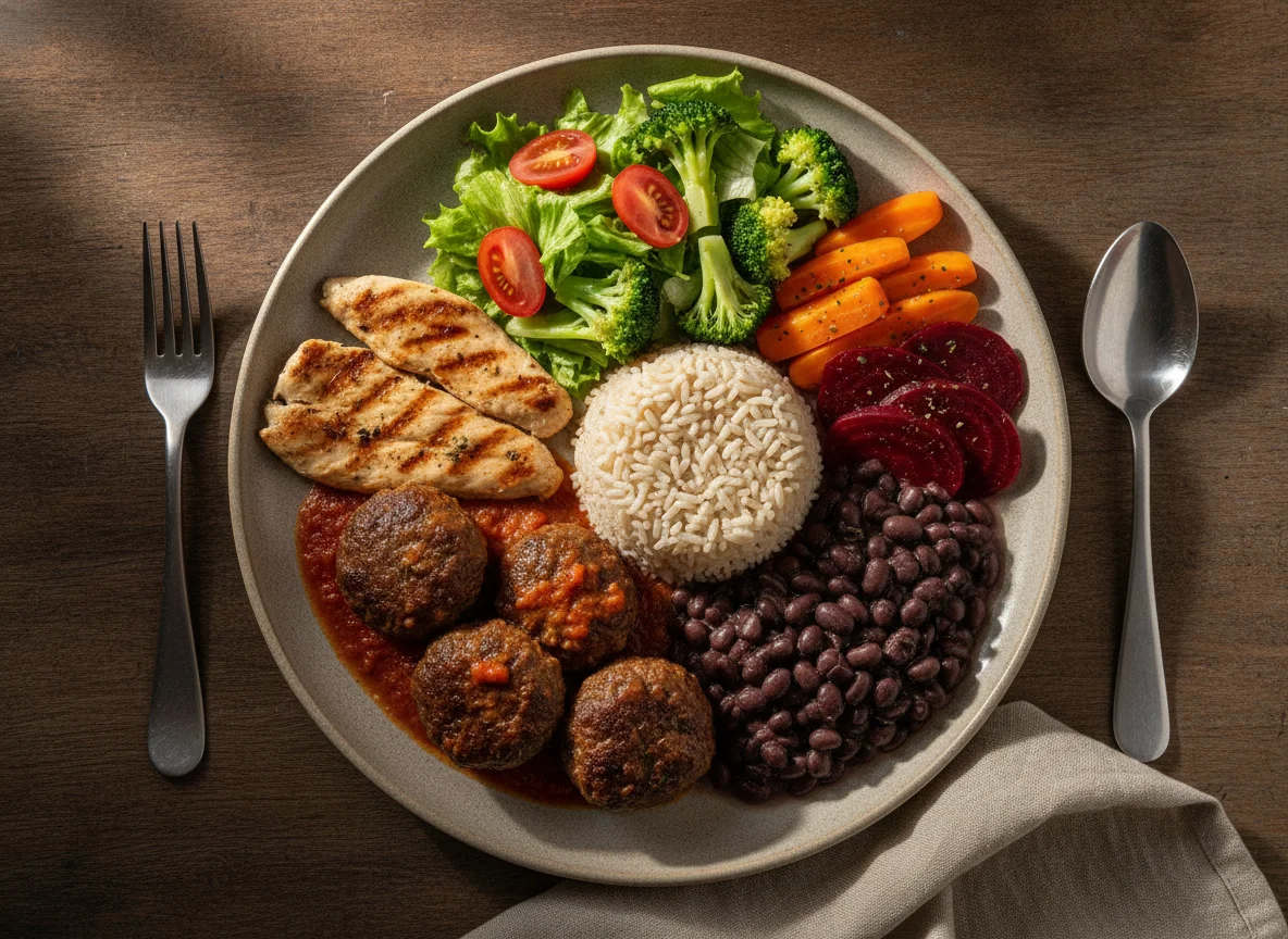 Prato Feito Brasileiro com Almôndegas e Frango photo