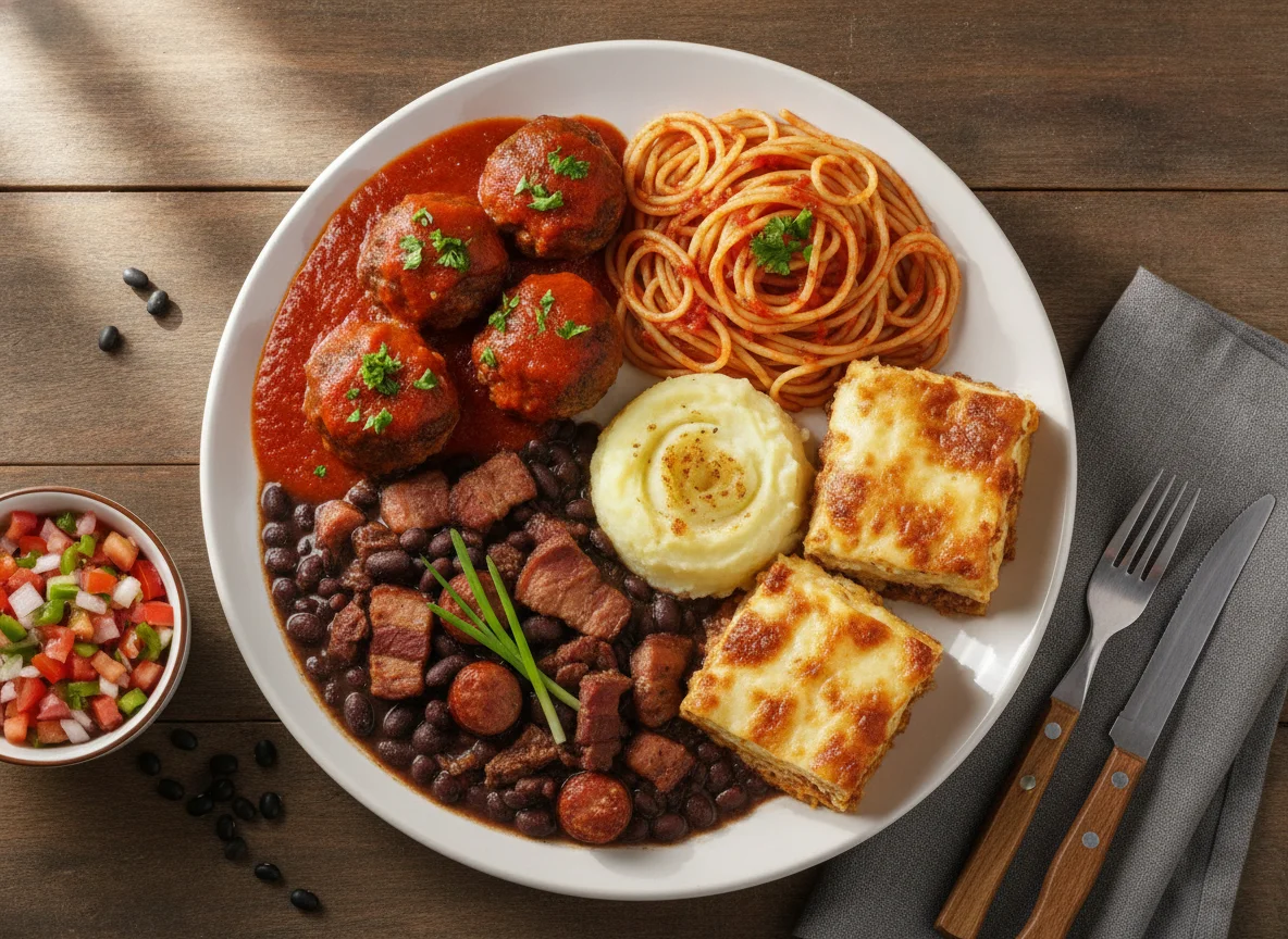 Prato Feito Brasileiro com Almôndegas, Espaguete, Feijoada e Purê photo