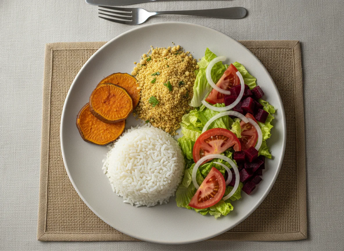 Prato feito brasileiro com arroz, batata doce, farofa e salada photo