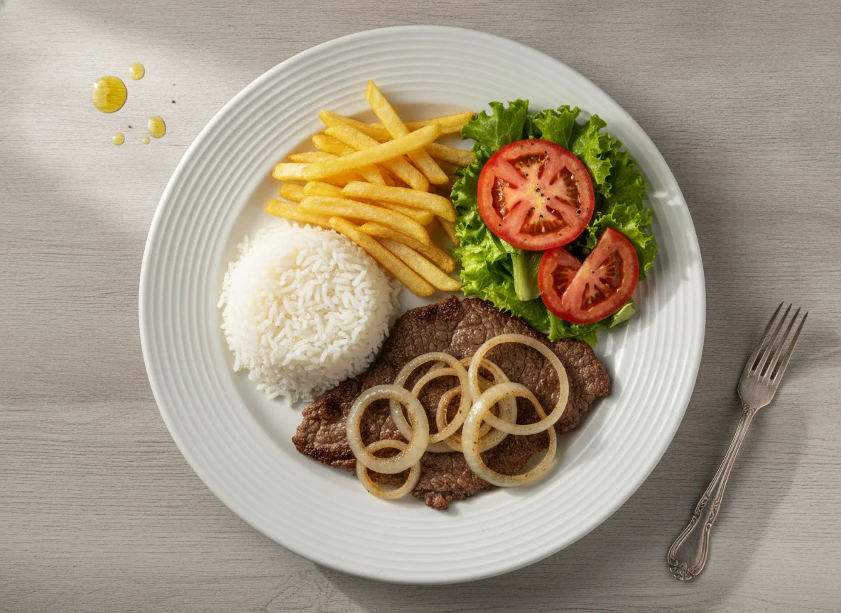 Prato feito brasileiro com arroz, bife acebolado, batata frita e salada photo