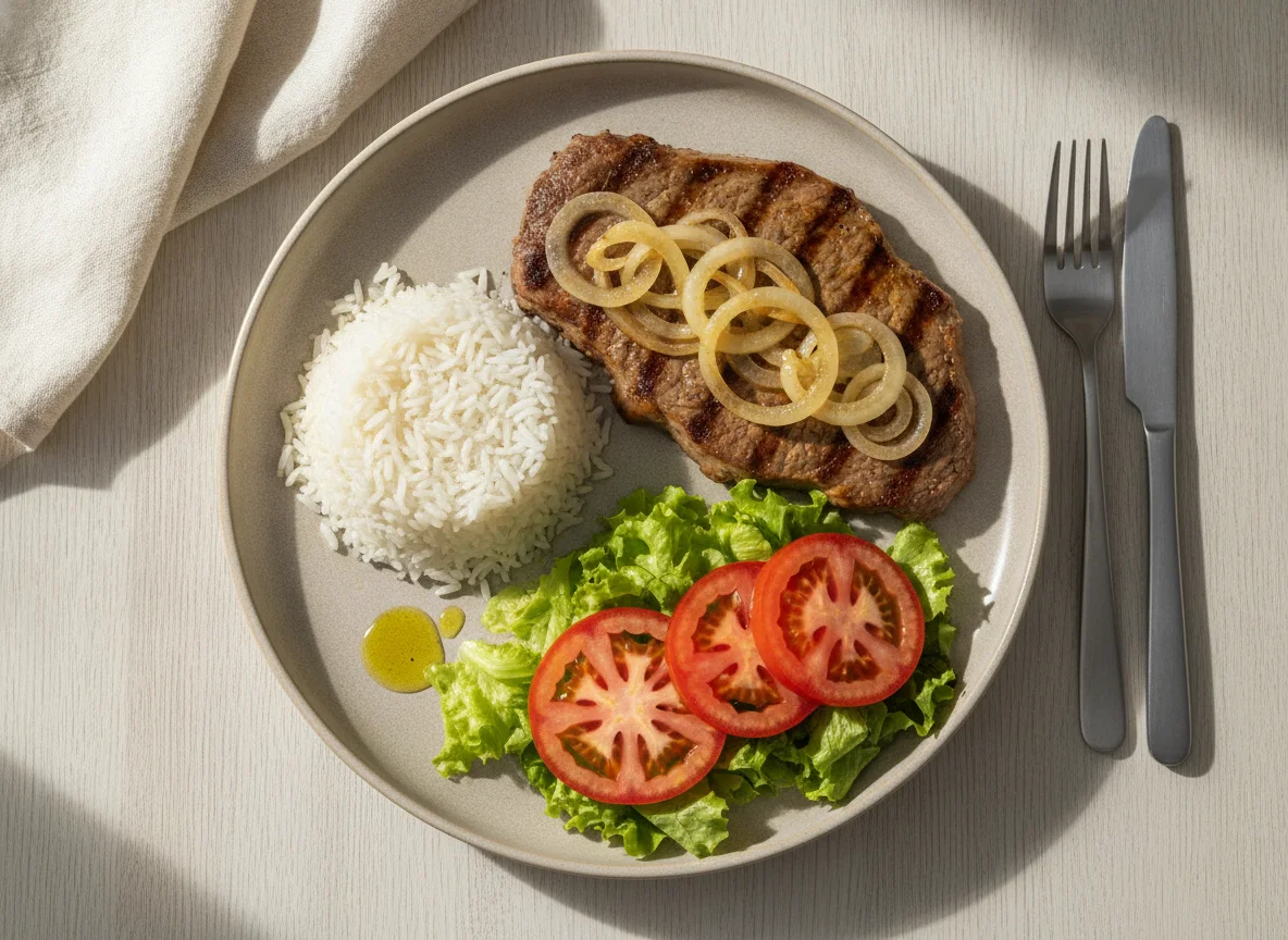 Prato feito brasileiro com arroz, bife acebolado e salada photo
