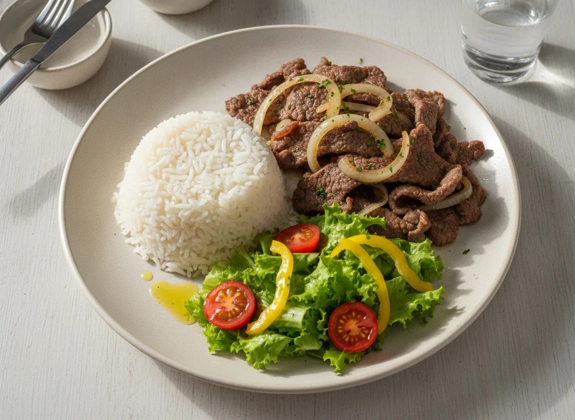 Prato feito brasileiro com arroz, carne acebolada e salada photo