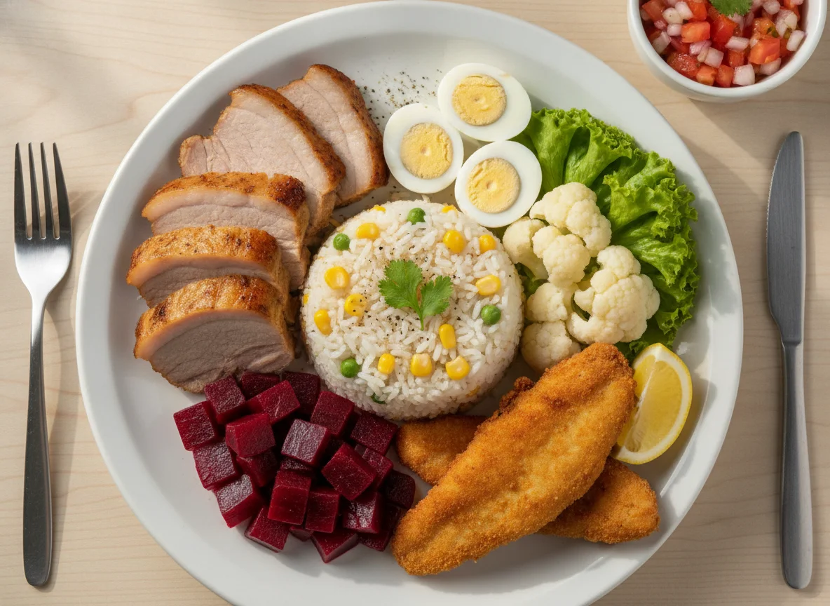 Prato Feito Brasileiro com Arroz, Carne, Beterraba e Salada photo