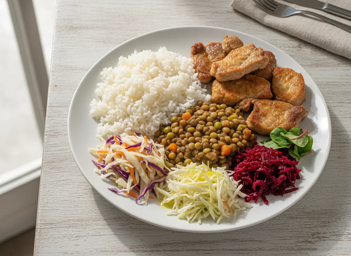 Prato feito brasileiro com arroz, carne de porco, lentilha e saladas photo