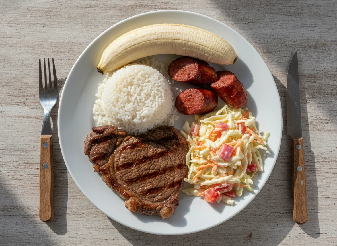 Prato feito brasileiro com arroz, carne, linguiça, banana e salada photo
