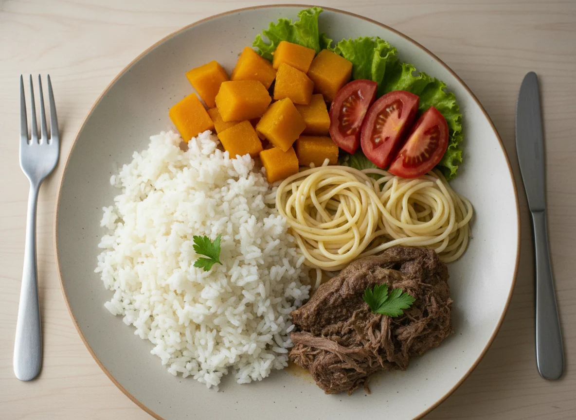 Prato feito brasileiro com arroz, carne, macarrão e legumes photo