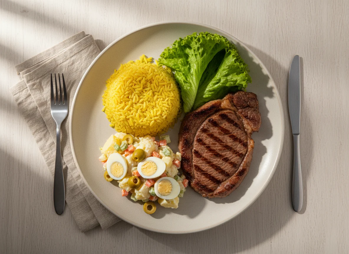 Prato feito brasileiro com arroz, carne, salada de batata e ovos de codorna photo