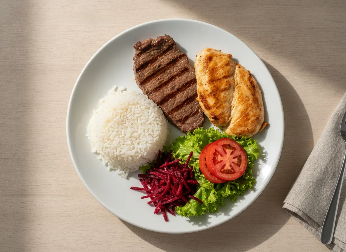 Prato feito brasileiro com arroz, carnes e salada photo