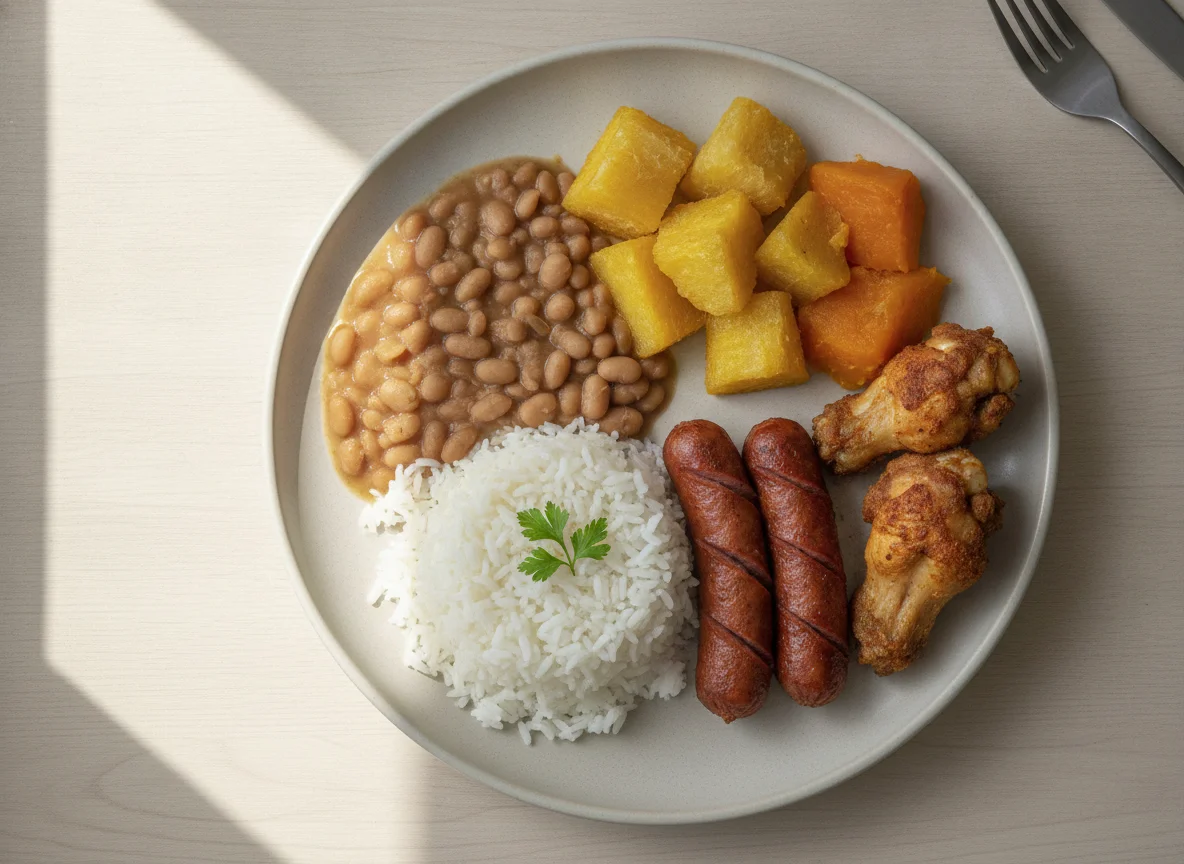 Prato feito brasileiro com arroz, feijão, abóbora, mandioca e salsicha photo