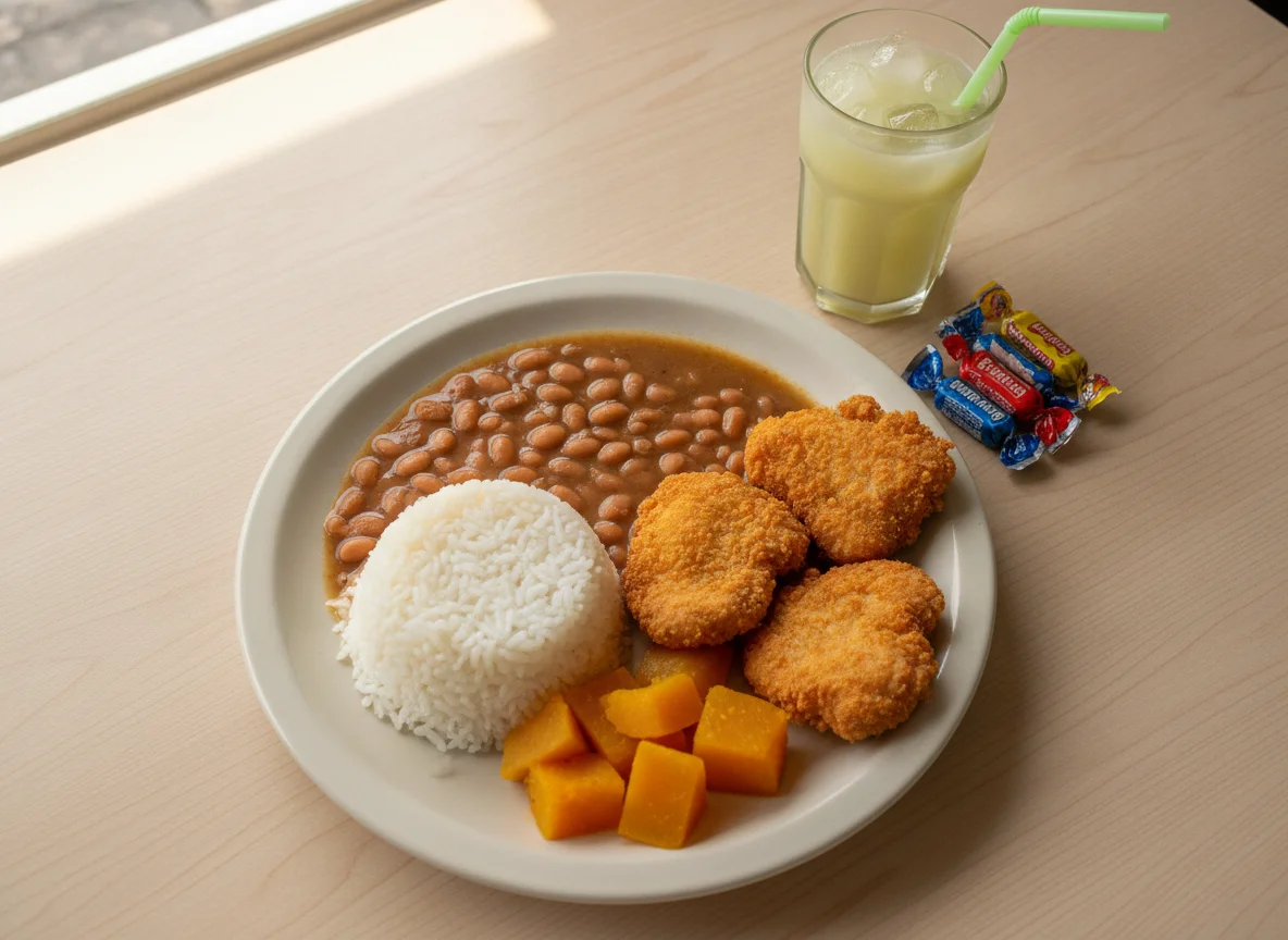 Prato feito brasileiro com arroz, feijão, abóbora, nuggets e suco photo