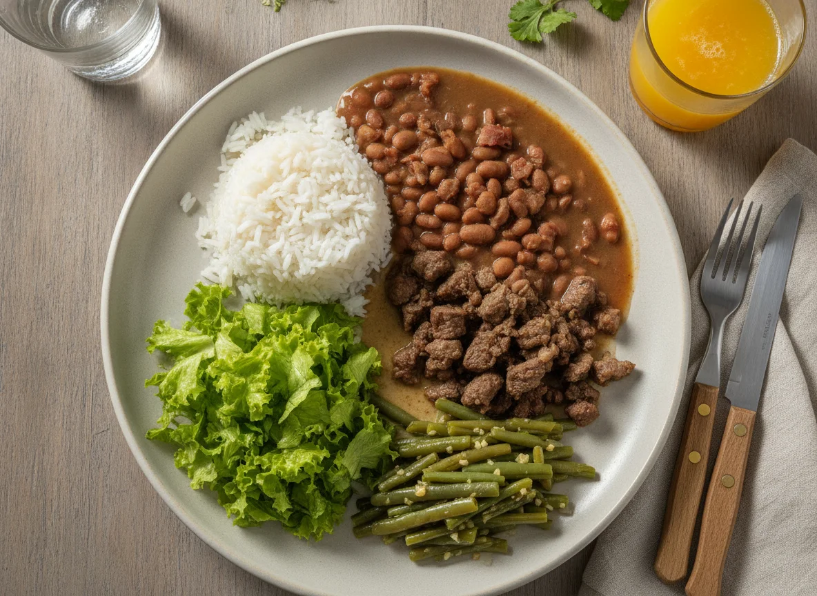 Prato feito brasileiro com arroz, feijão, alface e vagem photo