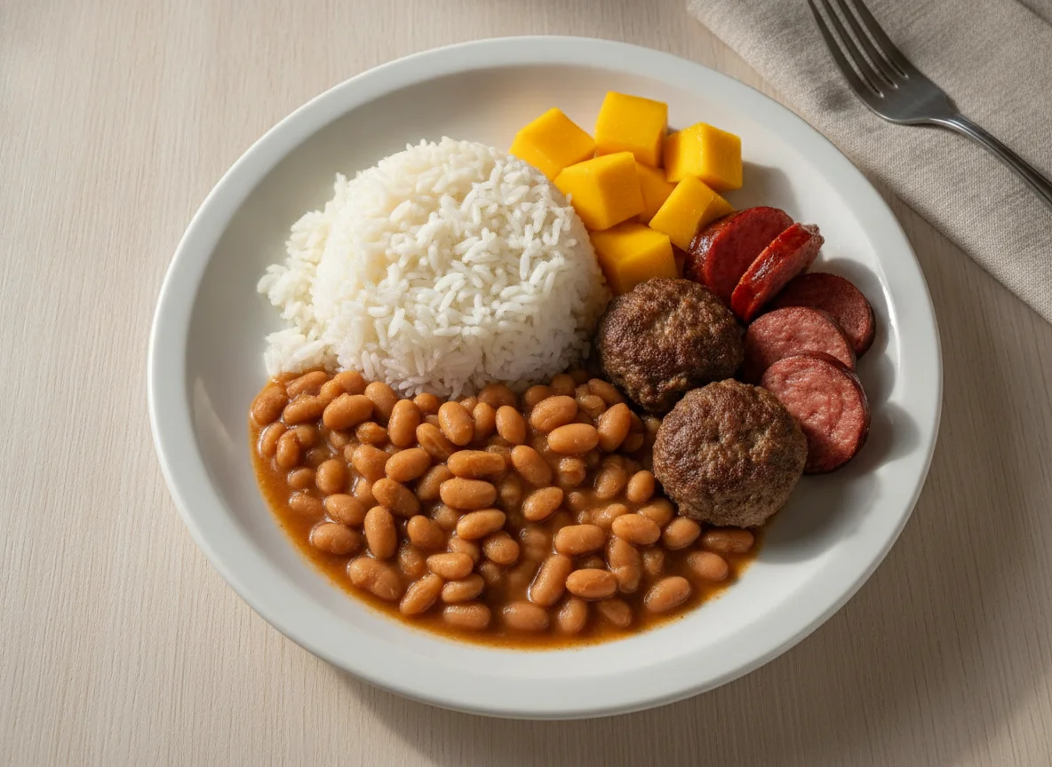 Prato feito brasileiro com arroz, feijão, almôndega, linguiça e manga photo
