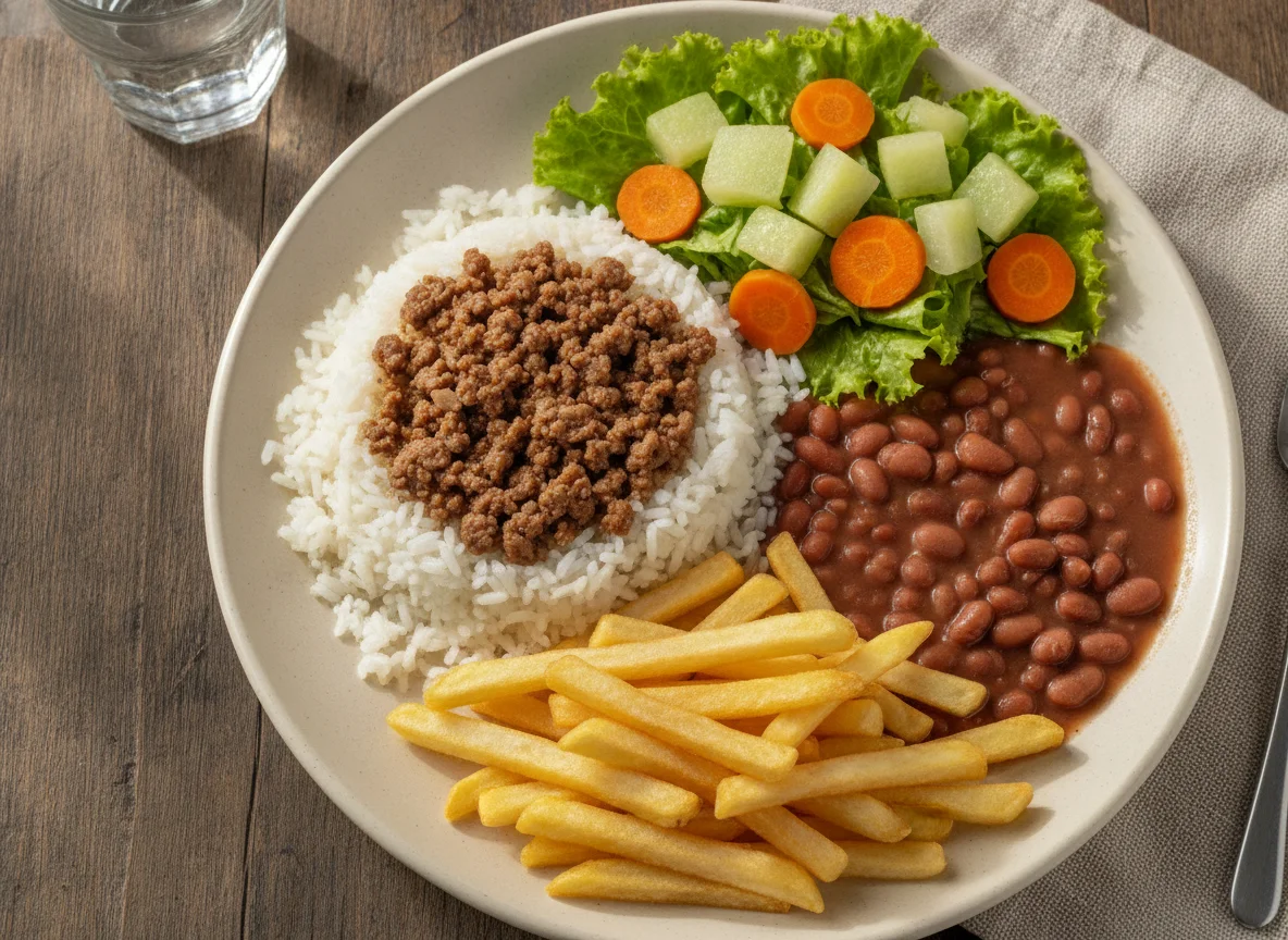 Prato feito brasileiro com arroz, feijão, batata frita e salada photo