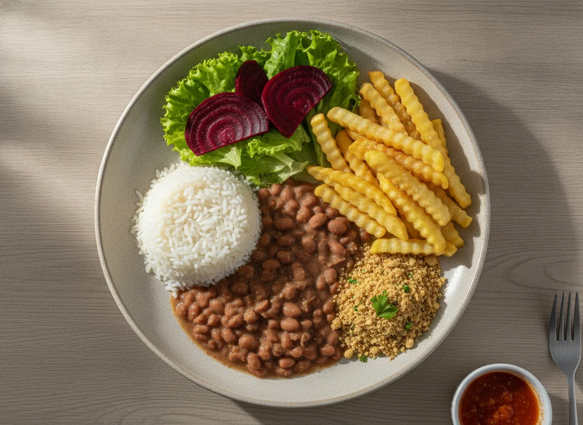 Prato feito brasileiro com arroz, feijão, batata frita, farofa e salada photo