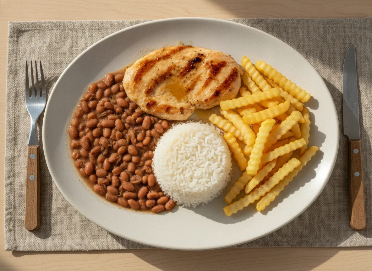 Prato feito brasileiro com arroz, feijão, batata frita e frango photo