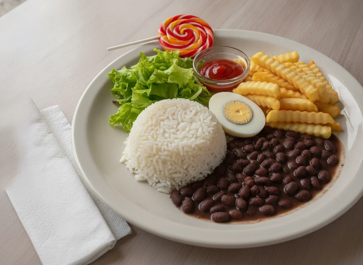 Prato feito brasileiro com arroz, feijão, batata frita, ovos e salada photo