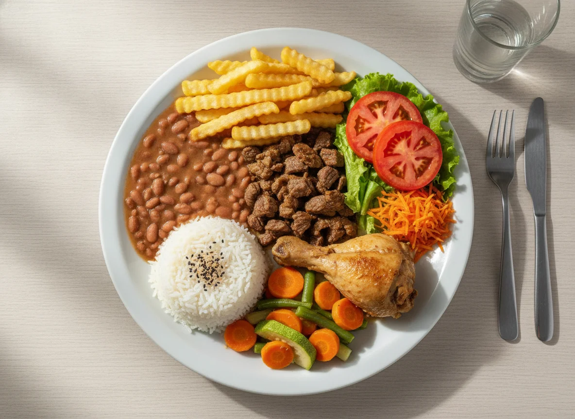 Prato Feito Brasileiro com Arroz, Feijão, Batata Frita, Salada e Carne photo