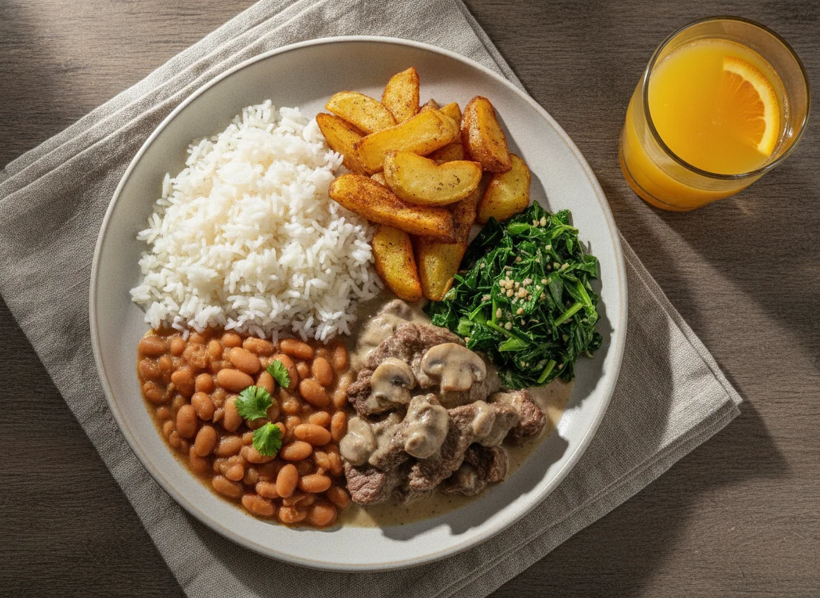 Prato feito brasileiro com arroz, feijão, batata rústica, couve e carne ao molho photo