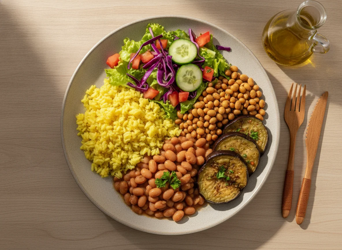 Prato feito brasileiro com arroz, feijão, berinjela e salada de soja photo