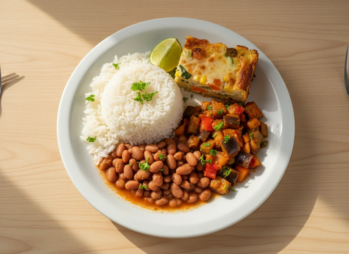 Prato feito brasileiro com arroz, feijão, berinjela e torta de legumes photo