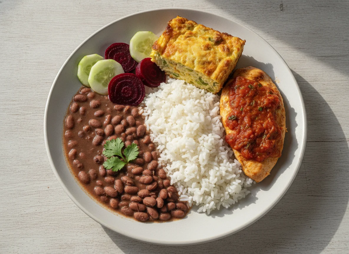 Prato Feito Brasileiro com Arroz, Feijão, Beterraba e Legumes photo