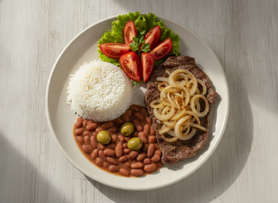 Prato feito brasileiro com arroz, feijão, bife acebolado e tomate photo