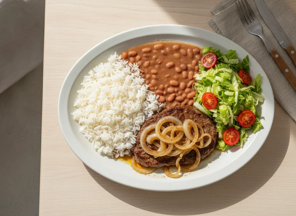 Prato feito brasileiro com arroz, feijão, bife acebolado e salada photo