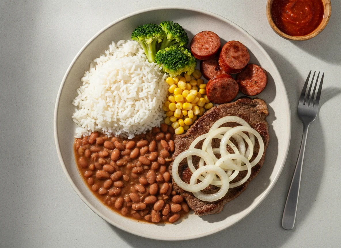 Prato feito brasileiro com arroz, feijão, bife e linguiça photo