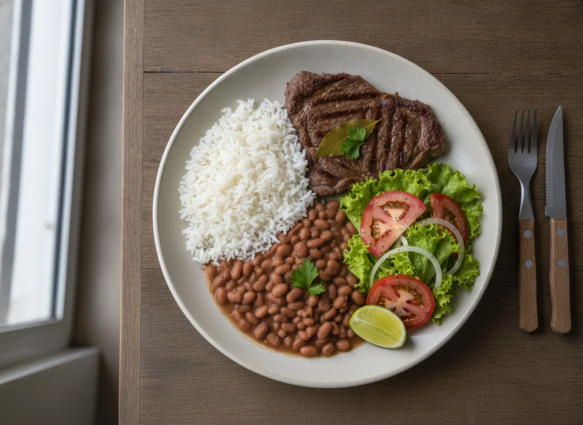 Prato feito brasileiro com arroz, feijão, bife e salada photo