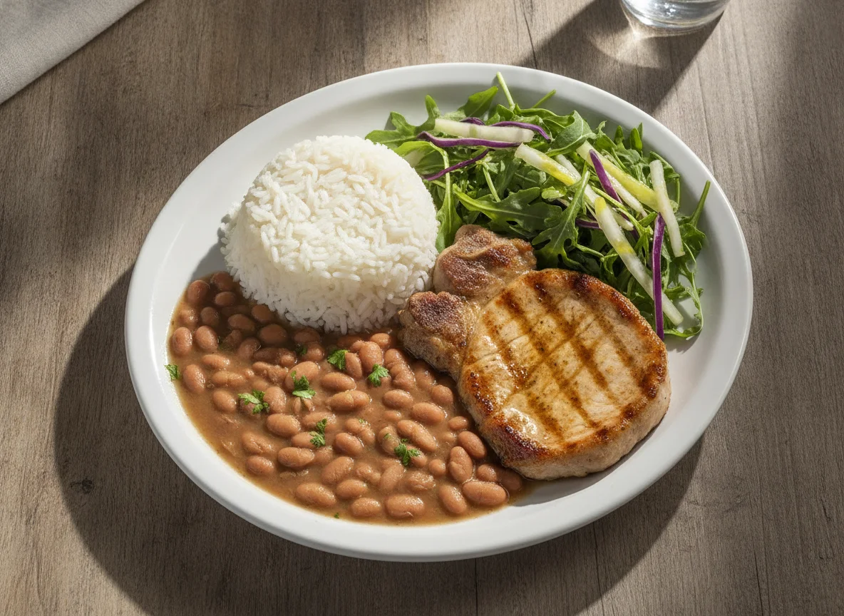 Prato feito brasileiro com arroz, feijão, bisteca de porco e salada photo
