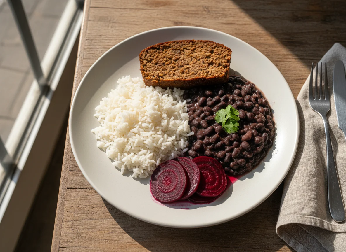 Prato feito brasileiro com arroz, feijão, bolo de carne e beterraba photo