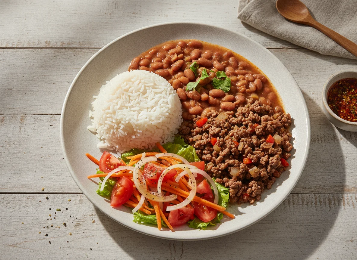 Prato feito brasileiro com arroz, feijão carioca, carne moída e salada photo