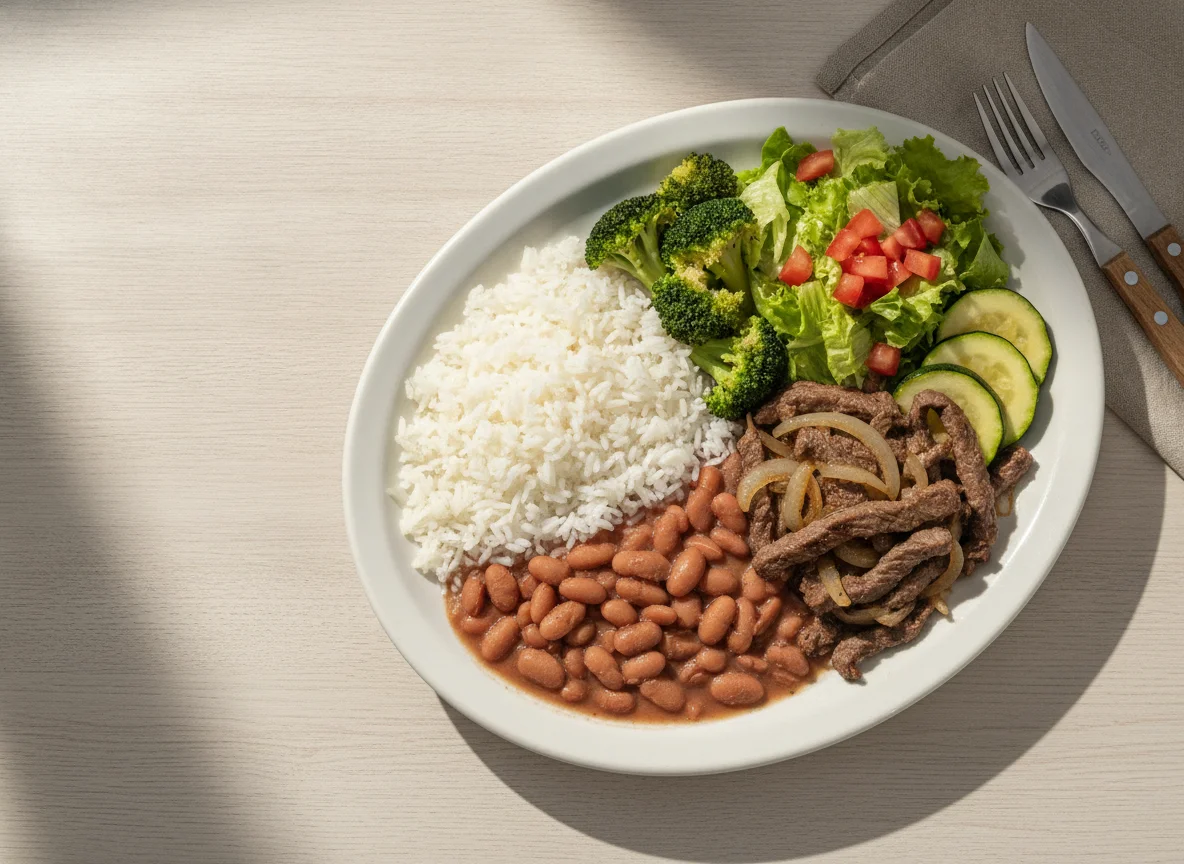 Prato feito brasileiro com arroz, feijão, carne acebolada, legumes e salada photo