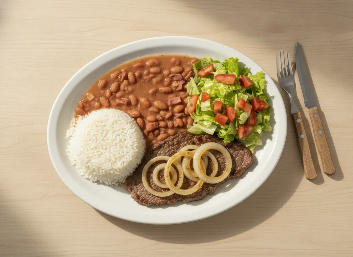 Prato feito brasileiro com arroz, feijão, carne acebolada e salada photo
