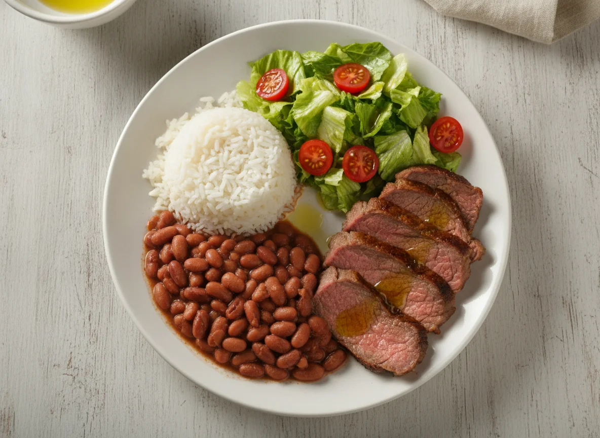 Prato feito brasileiro com arroz, feijão, carne assada e salada photo