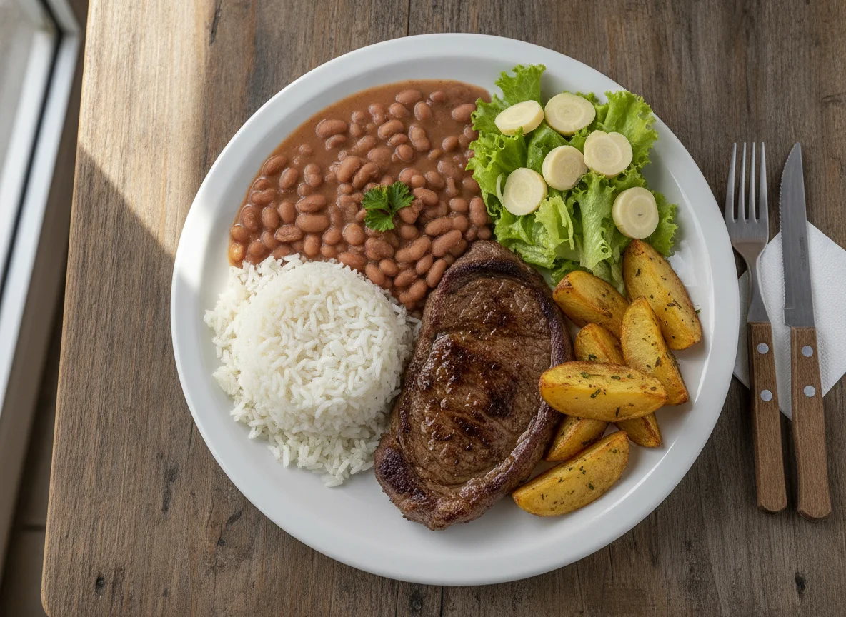 Prato feito brasileiro com arroz, feijão, carne assada e batatas photo