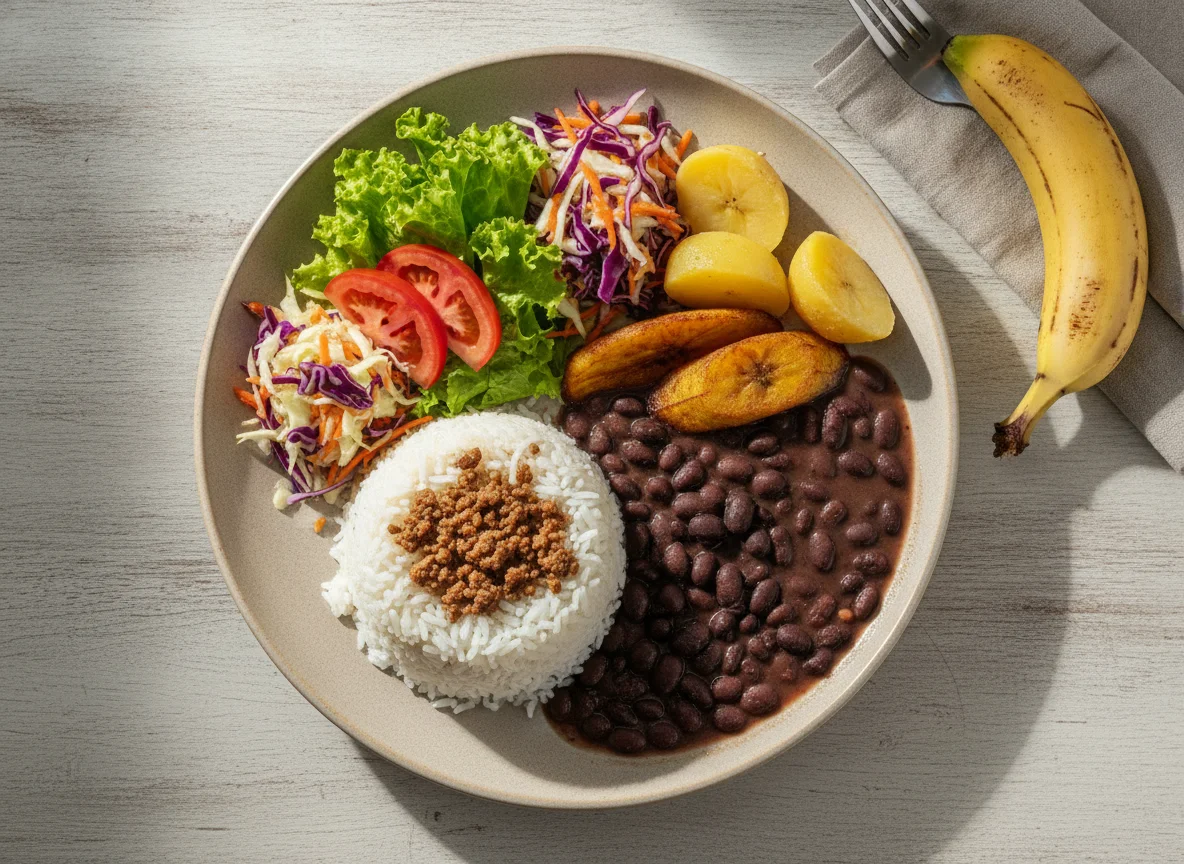 Prato Feito Brasileiro com Arroz, Feijão, Carne, Batata, Salada e Banana photo