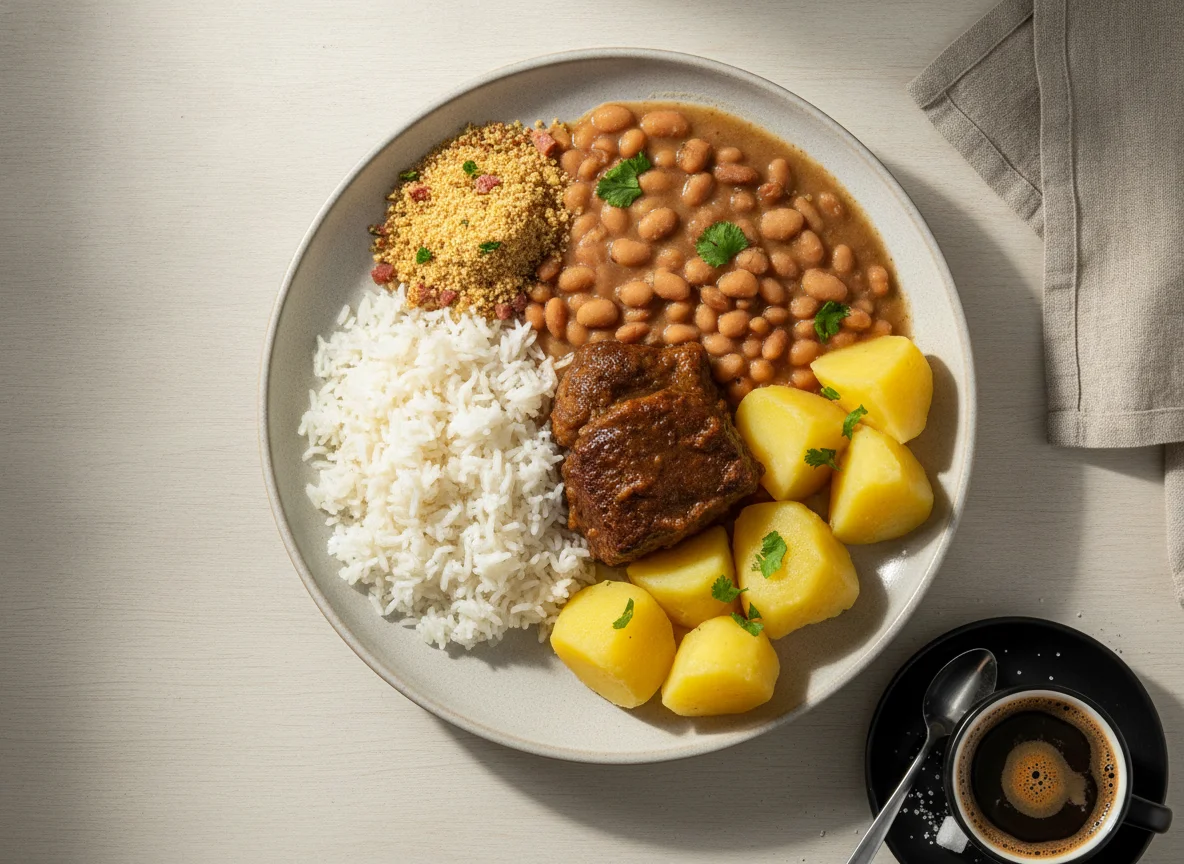 Prato feito brasileiro com arroz, feijão, carne, batata e farofa photo
