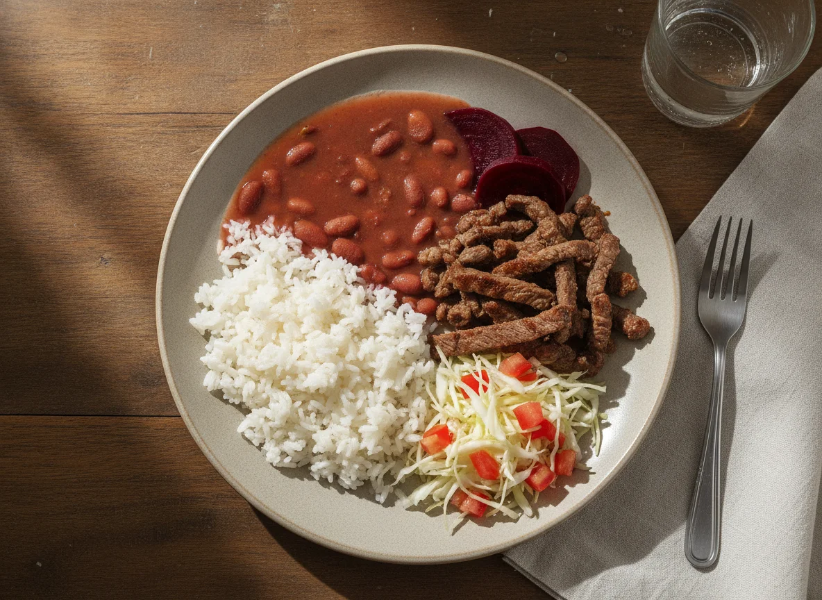 Prato feito brasileiro com arroz, feijão, carne, beterraba e salada photo