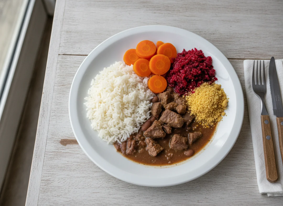 Prato feito brasileiro com arroz, feijão, carne, cenoura, beterraba e farofa photo