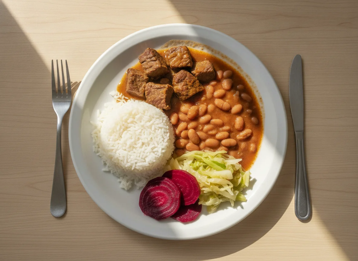 Prato feito brasileiro com arroz, feijão, carne cozida, beterraba e repolho photo