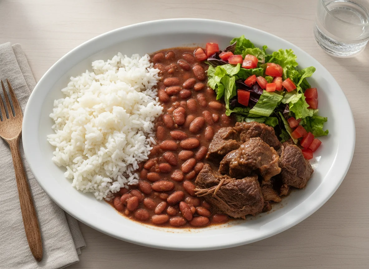 Prato feito brasileiro com arroz, feijão, carne cozida e salada photo