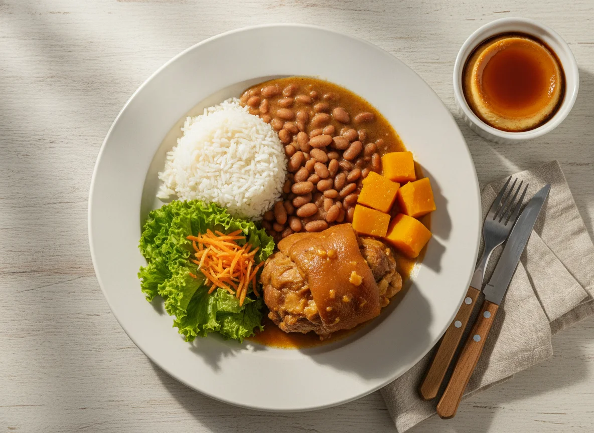 Prato feito brasileiro com arroz, feijão, carne cozida, abóbora, salada e pudim photo